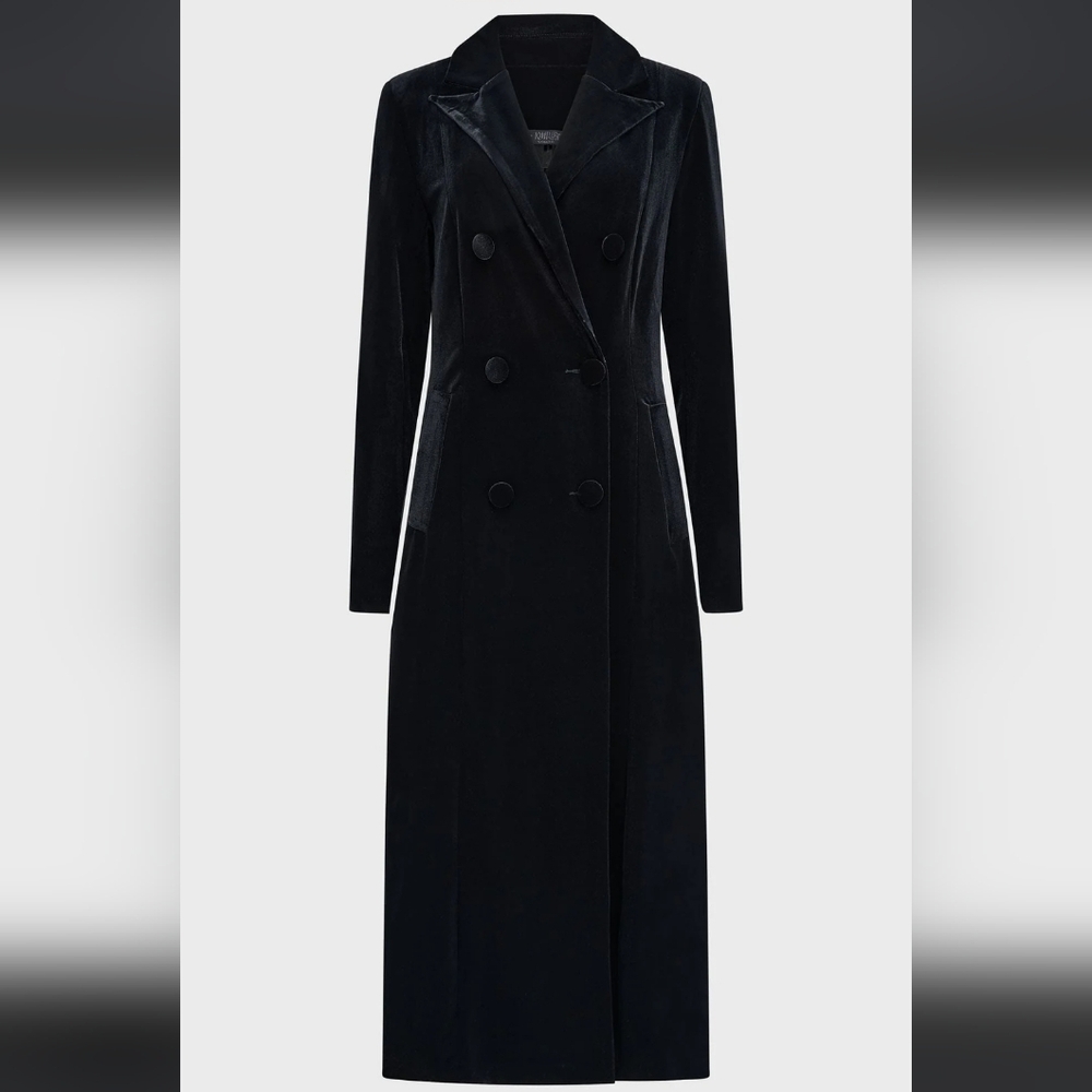 Killstar Long Double-Breasted Velvet Trench Coat in Black
